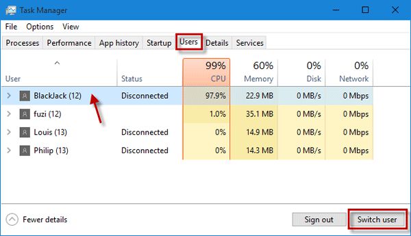 在任务管理器中切换用户