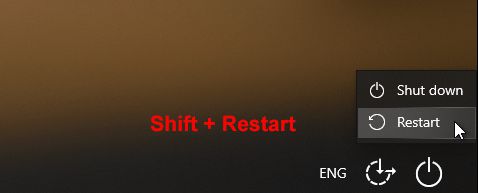 按住 Shift 键的同时单击“重新启动”